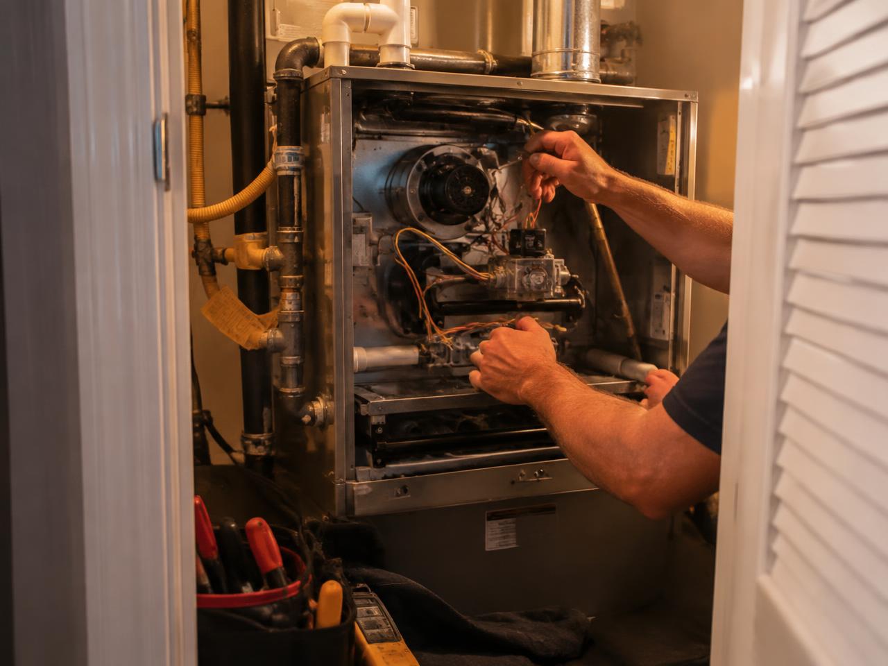 Technician servicing a home's heating system